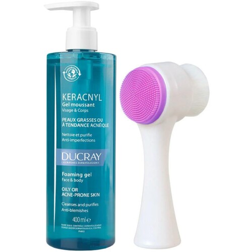 Ducray Keracnyl Foaming Gel - Yağlı Cilt Temizleme Jeli 400ml + Cilt Temizleme Fırçası Hediye - Ducray