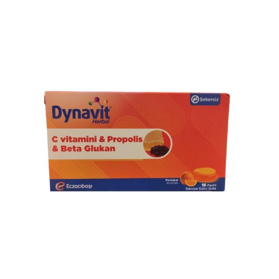 Dynavit Herbal C Vitamini, Propolis ve Beta Glukan İçeren Portakal Aromalı Takviye Edici Gıda 16 Pastil - 1
