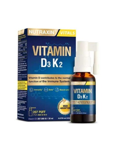 Nutraxin Vitals D3K2 Vitamini İçeren Sıvı Takviye Edici Gıda 207 Puf 30ml 