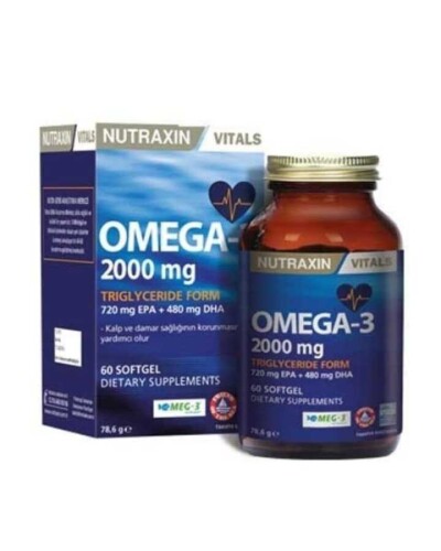 Nutraxin Vitals Omega-3 2000mg Balık Yağı İçeren Takviye Edici Gıda 60 Yumuşak Kapsül 