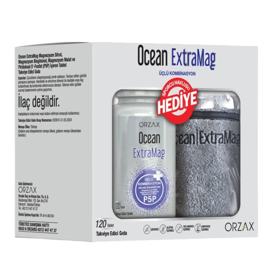 Orzax Ocean ExtraMag Üçlü Magnezyum Kombinasyonu 120 Tablet + Sporcu Havlusu Hediyeli - 1