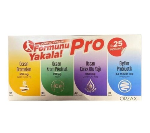 Orzax Ocean Formunu Yakala Pro Dörtlü Destek Seti ( Ocean Bromelain , Ocean Krom Pikolinat, Ocean Çörek Otu Yağı, Bigflor Probiyotik ) - Orzax