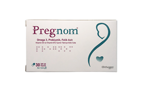 Pregnom Omega 3, Probiyotik, Folik Asit, Vitamin D3 ve Vitamin B12 içeren Takviye Edici Gıda 30 Kapsül - Orthogen