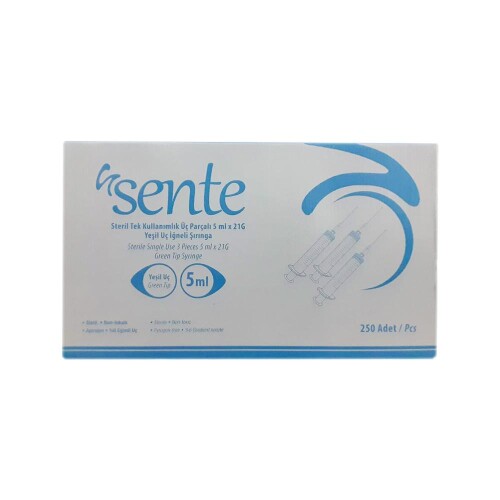 Steril Tek Kullanımlık Üç Parçalı 5 ml x 21G Yeşil Uç İğneli Şırınga 250 Adet - Sente