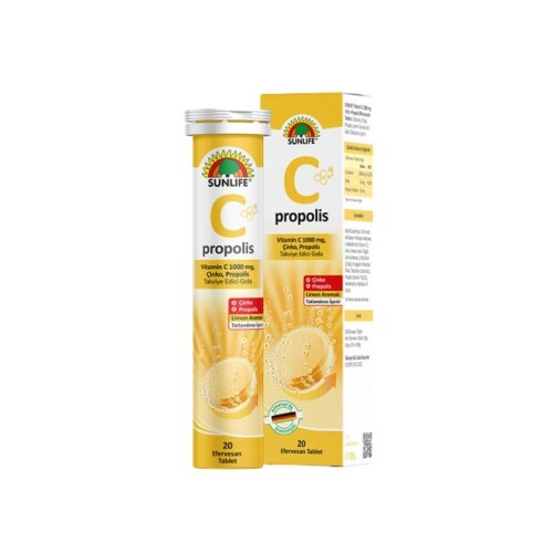 Sunlife C Propolis,Vitamin C 1000mg, Çinko İçeren Limon Aromalı Takviye Edici Gıda 20 Efervesan Tablet - Palmiye İlaç 