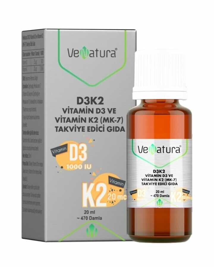 VeNatura D3K2 Vitamin D3 Ve Menaquinon 7 Takviye Edici Gıda 20 ml - 1